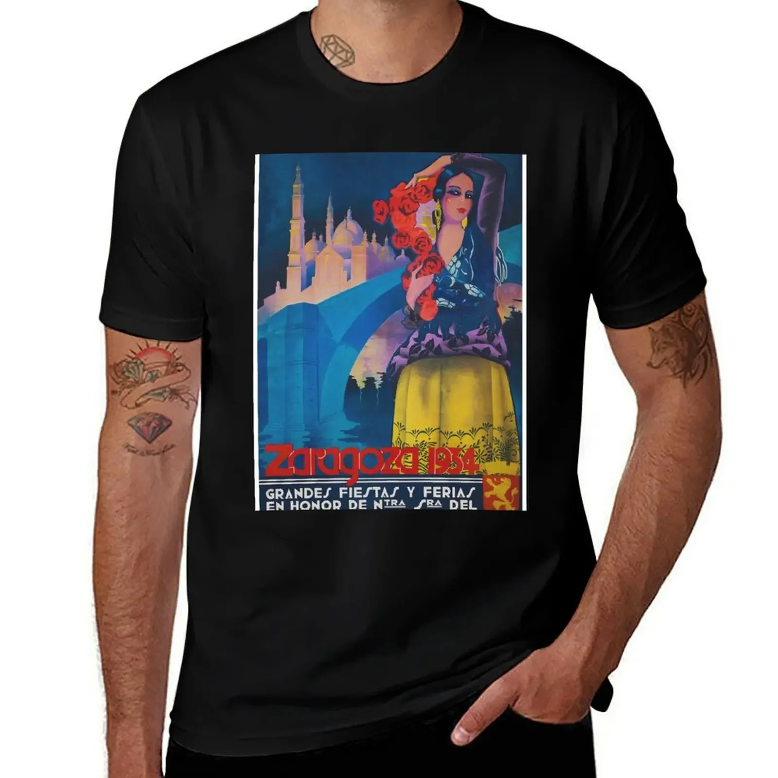 

Zaragoza, Spain Festival from 1934 Vintage Travel Poster T-Shirt oversized t shirt vintage new edition mens designer clothes