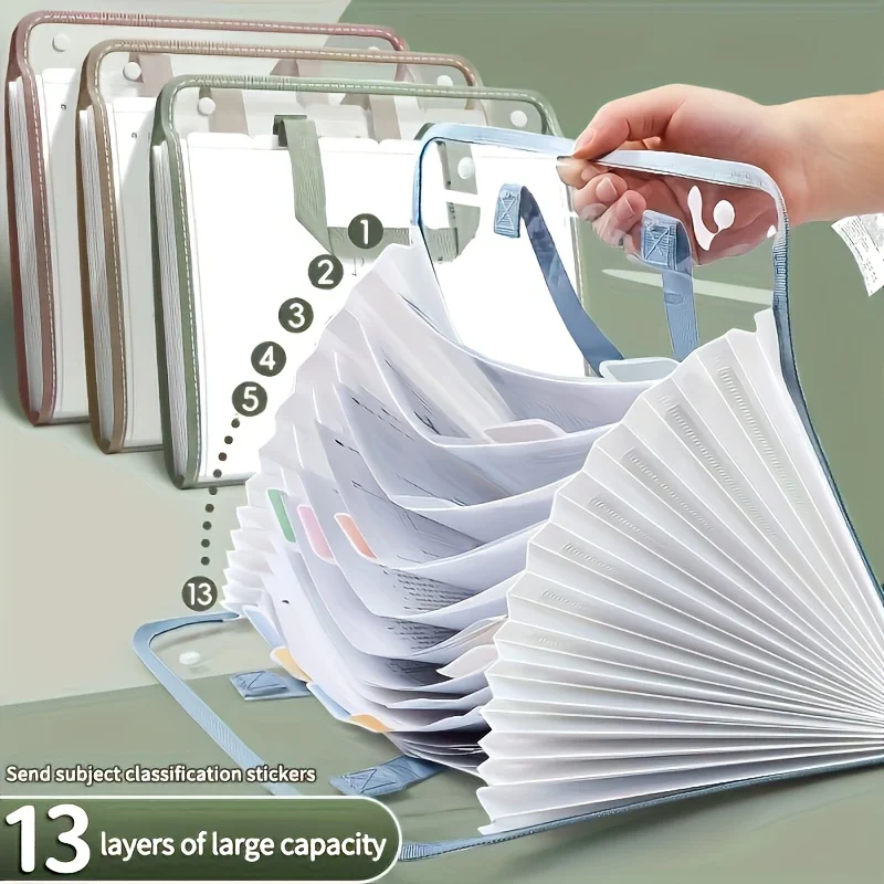 

13 Compartments Portable Transparent Organ Bag with Labels, File and Bill Storage Book, Suitable for Students and Office Staff