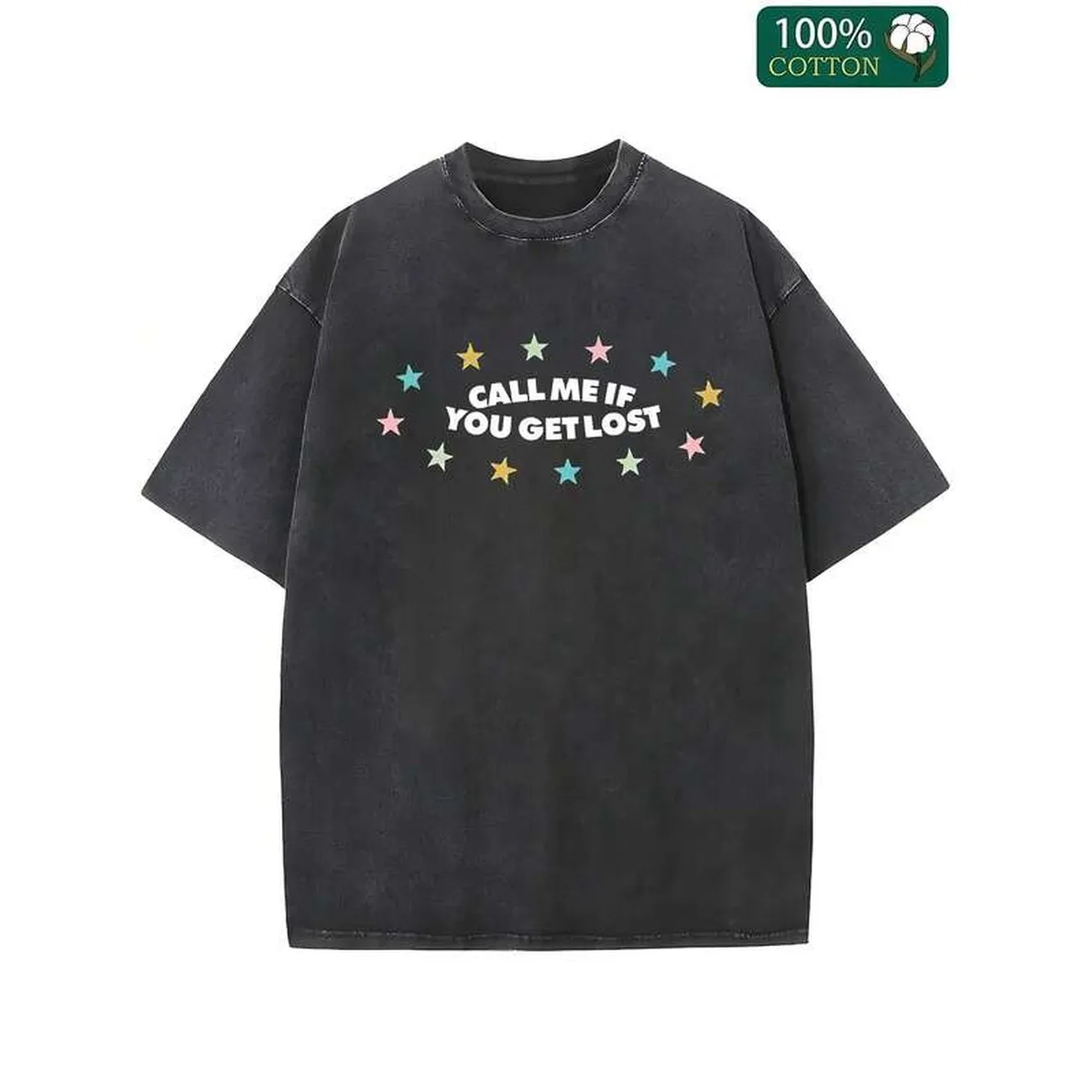 1 Piece, Washed Printed T-Shirt 230g, Interesting Multi-Color Stars, High-Quality Wax Printed Cotton Retro Fashion Brand T-Shirt, Suitable For Summer T-Shirt With A Certain Thickness, Holiday Gift