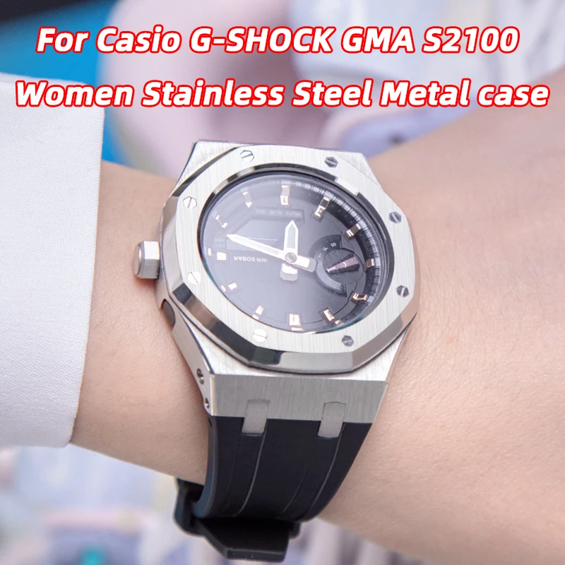 upgraded-stainless-steel-case-bezel-set-for-gma-s2100-watch-metal-mod-kit-with-shockproof-rubber-band-custom-refit-tools