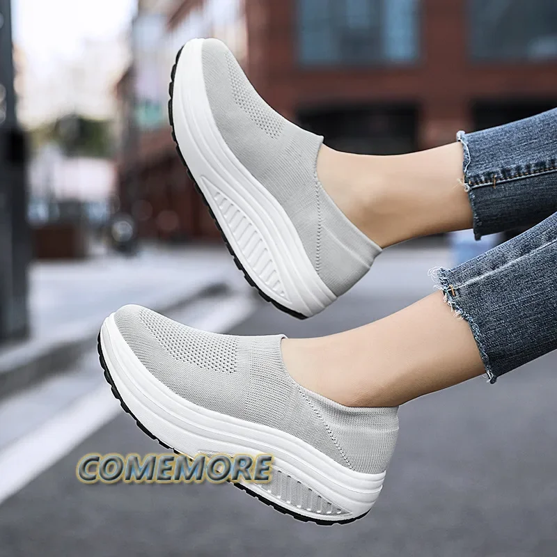 Fashion Breathable Air Mesh Women Shoes Wedges Heel Shoes Ladies Knitting Sock Sneakers Women Platform Casual Shoe Spring Autumn