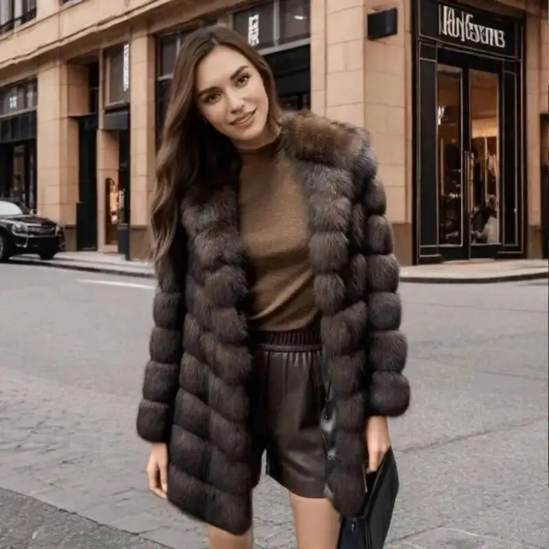 Women's Brown Hooded Faux Mink Fur Coat Thick Autumn Winter Chic New Cardigan Mid Length Loose Warm Jackets 2959N