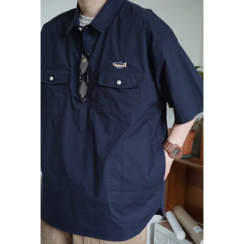 

Japanese Style Loose Fit Short Sleeve Shirt Embroidered Cityboy Trendy Brand Summer Casual Shirt for Men And Women