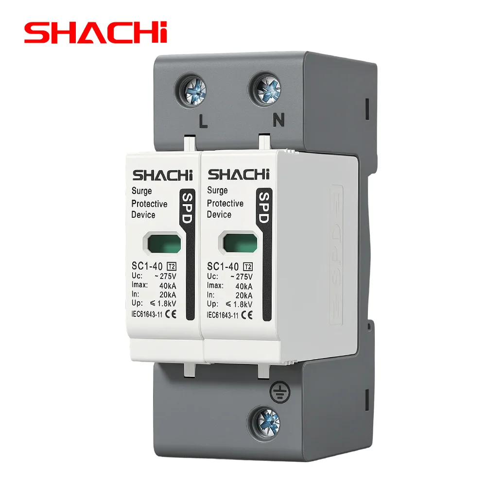 SHACHI AC SPD 2P House Lightning Surge Protector 275V 20KA 40KA 60KA Solar Photovoltaic Low-Voltage Arrester Equipment