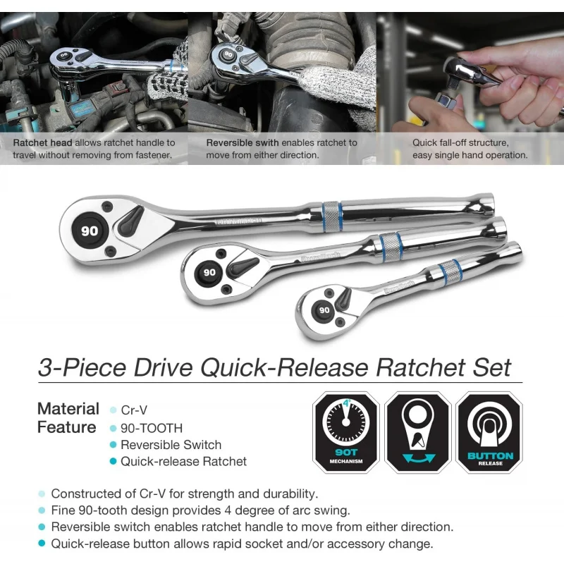 DURATECH 3-Piece 1/4" 3/8" 1/2" Drive Ratchet 90-Tooth Quick-release Reversible Cr-V Full Polished - view 4