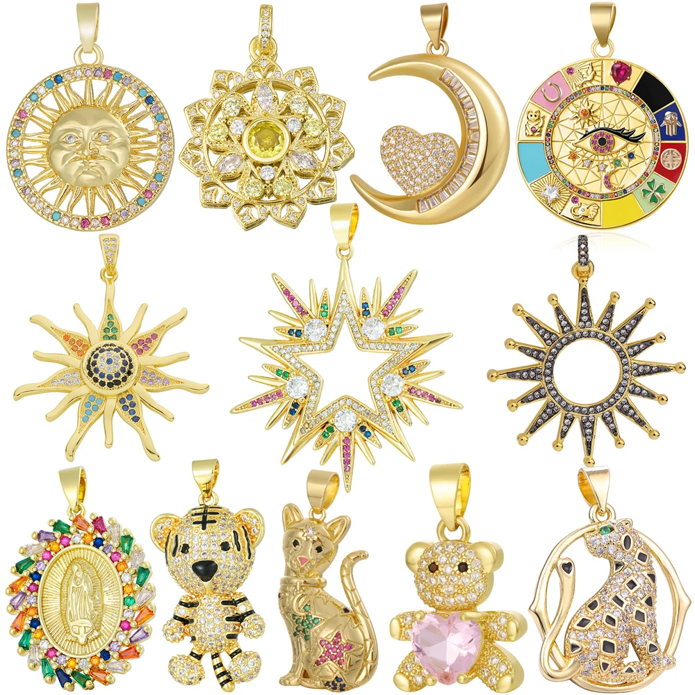 Juya 18K Real Gold Plated Handicraft Moon Star Flower Saint Mary Animal Tiger Leopard Dog Bear Greek Evil Eye Insect Bee Charms
