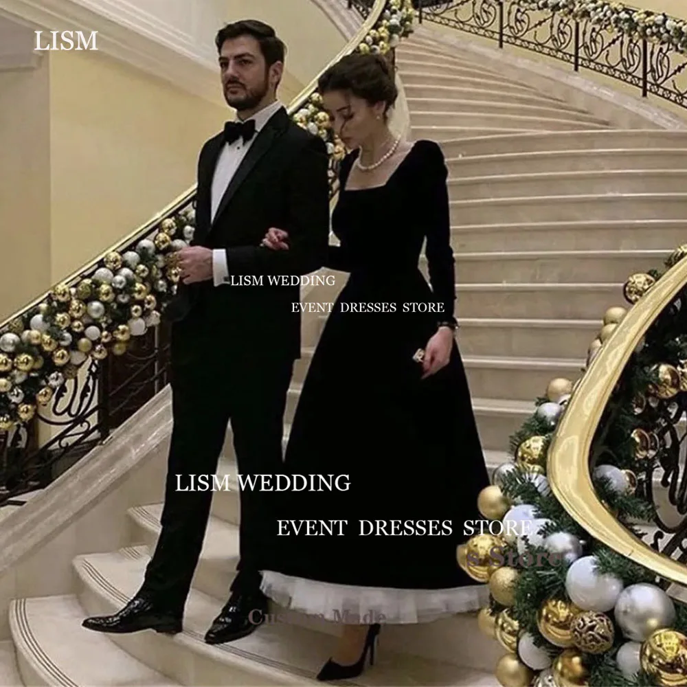 LISM Graceful Black Velvet A-Line Evening Party Dresses Square Collar Full Sleeves Ankle Length Christmas Formal Prom Dress