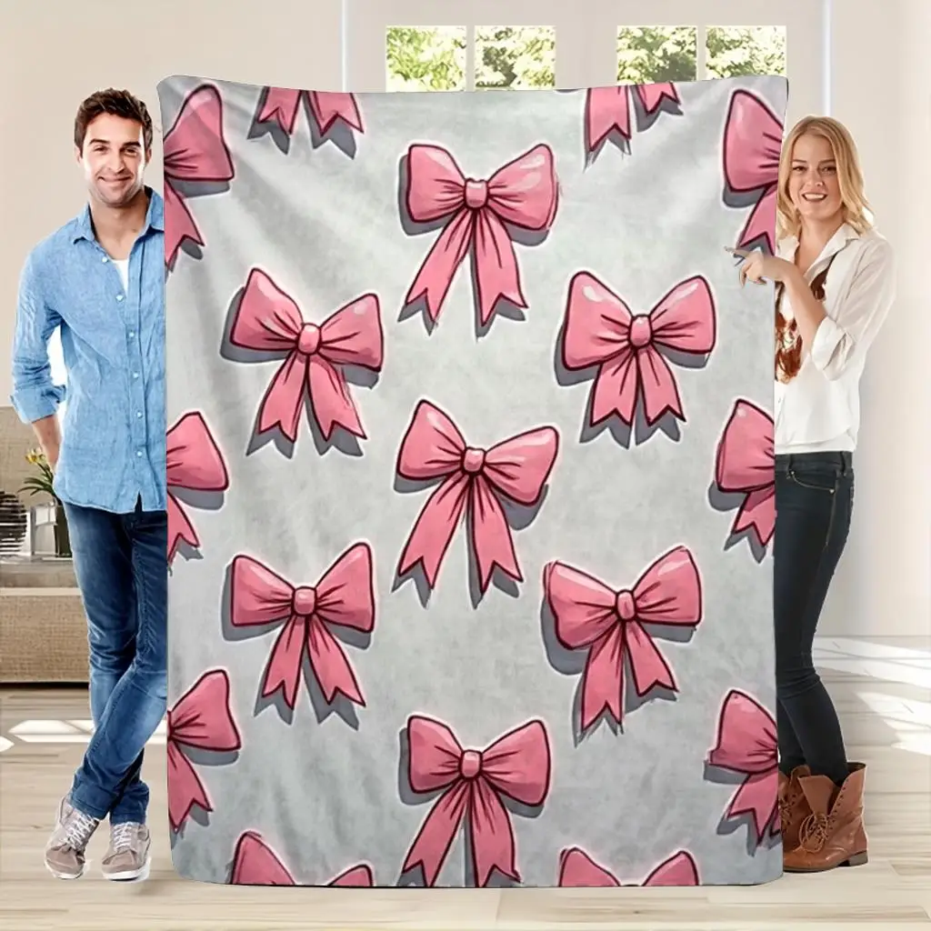 1pc Pink bow-patterned blanket, polyester fabric, machine washable, suitable for use in bedrooms, living rooms, and sofas.
