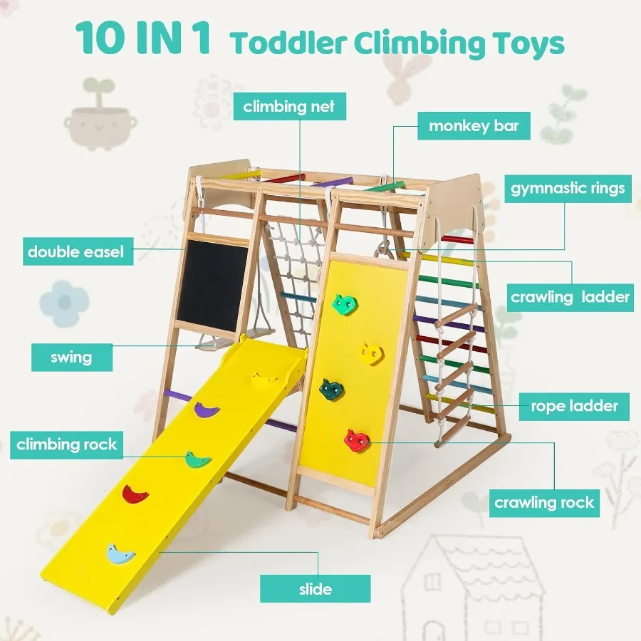 Giocattoli da arrampicata in legno per bambini 10 in 1, palestra nella giungla per bambini con tavolo da disegno, scivolo, arrampicata su roccia e rete, scala, barre scimmie, altalena, G