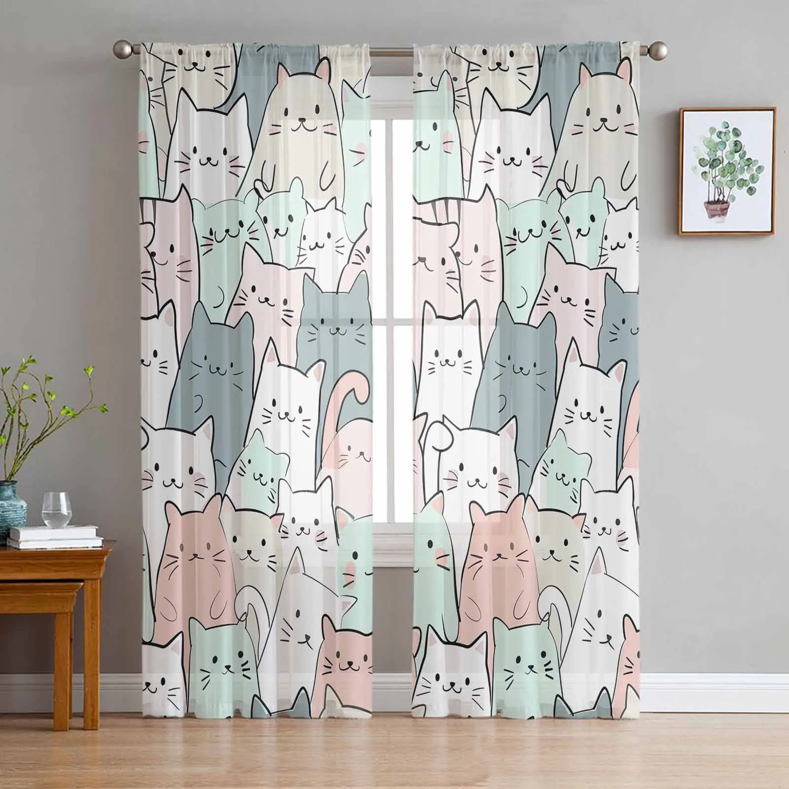 Cat Line Arrangement Hand Drawn Tulle Curtains For Bedroom Home Decor Living Room Kitchen Voile Curtains For Blind