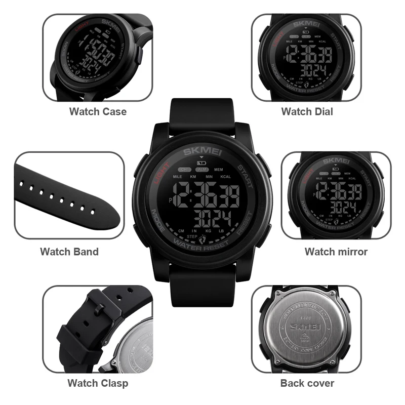 SKMEI-reloj Digital de pulsera para hombre, cronógrafo deportivo, resistente al agua, con podómetro y calorías, para exteriores