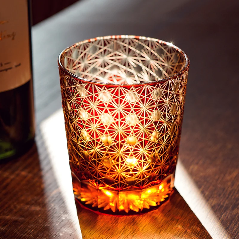 JINYOUJIA-Edo Kiriko Chrysanthemum Pattern Rock Cup, Handmade Cutting Glass, Whisky Vodka Cups, Party Home Drinkware