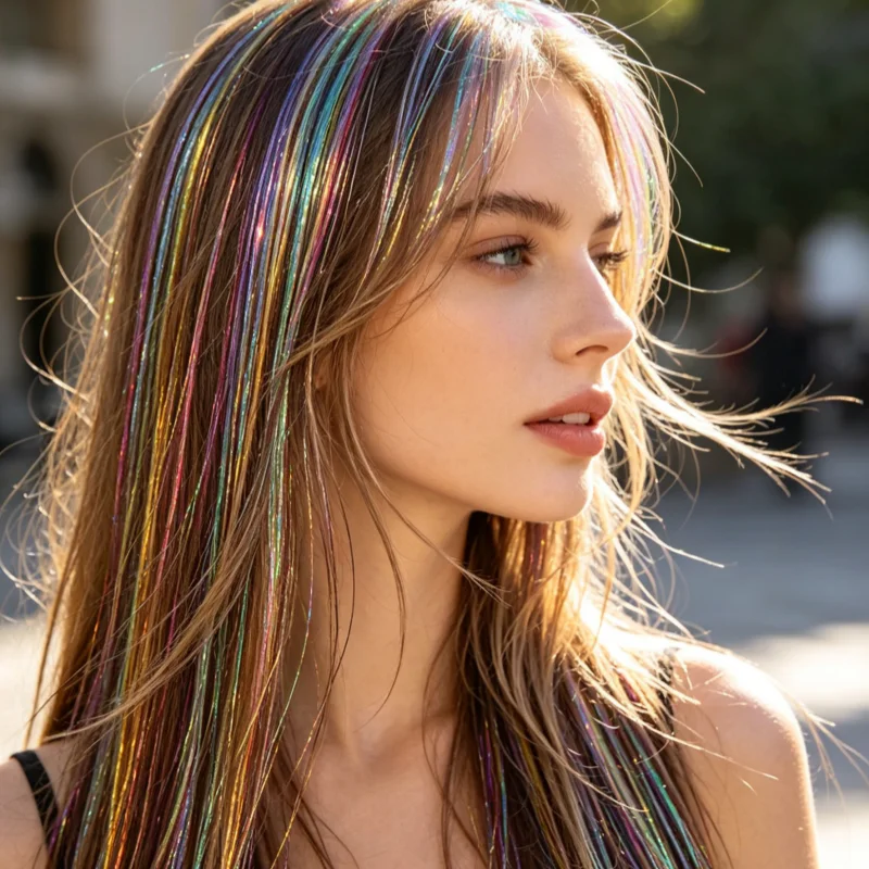 Synthetic 24inch Clip-On Shiny and Colorful Hair Extensions, Made of High-Temperature Fiber for Women and Girls, Sparkling and Fashionable, Suitable for Parties, Festivals, and Everyday Styling, Easy to Wear