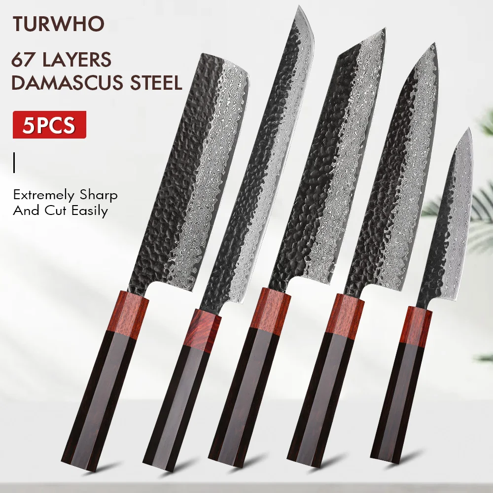 TURWHO Japan 5PCS Professional Hand Forged Damascus VG10 Steel Core Chef's Knives Kiritsuke Knife Slicing Knife Kitchen Supplies