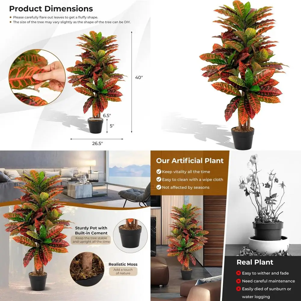 

Искусственная пальма кротон высотой 40 см с разноцветными листьями - Декоративное растение в горшке для дома или офиса