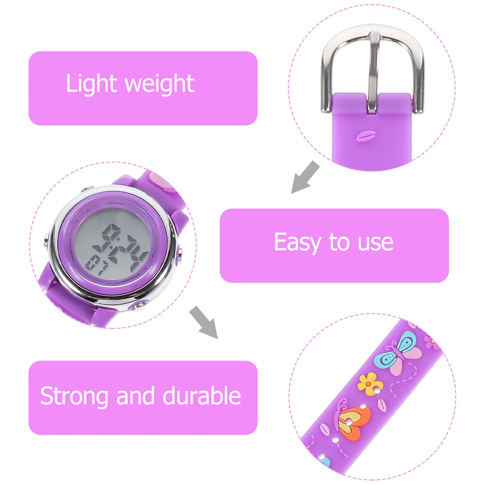 방수 시계 보라색 나비 내구성이 뛰어난 LED 손목시계 학생들을 위한 다기능 선물 시계