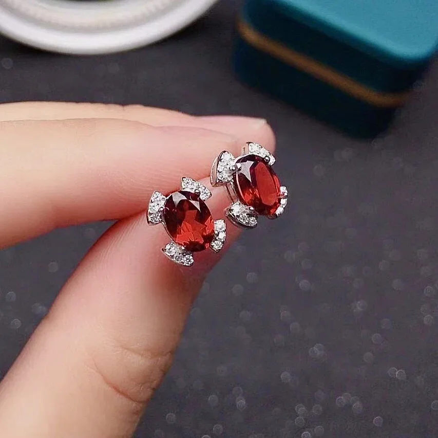 

Simple Silver Red Gemstone Stud Earrings for Young Girl 5mm*7mm VVS Grade Natural Garnet Silver Earrings Gift for Woman