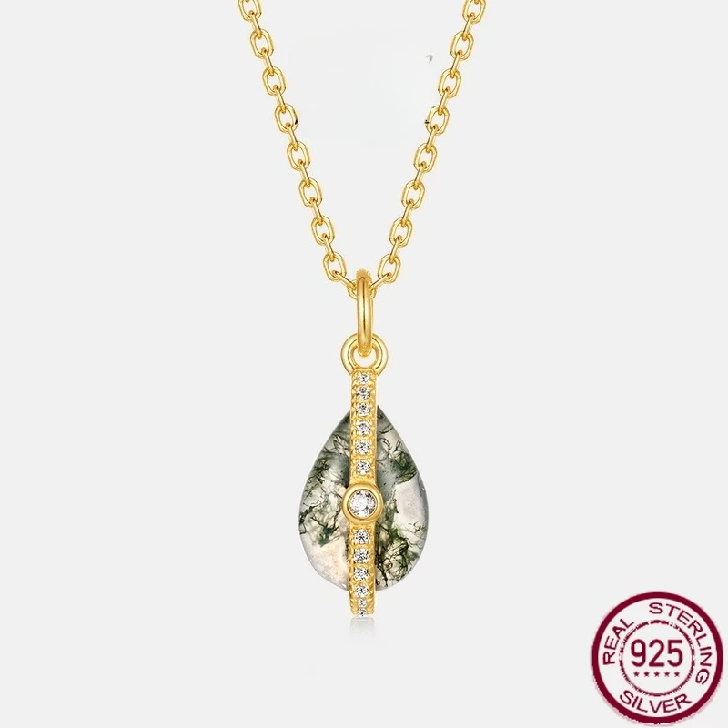 

New S925 Pure Silver Water Grass Agate Pendant Necklace with Green Moss Stone Lock Chain, Versatile Wedding Jewelry
