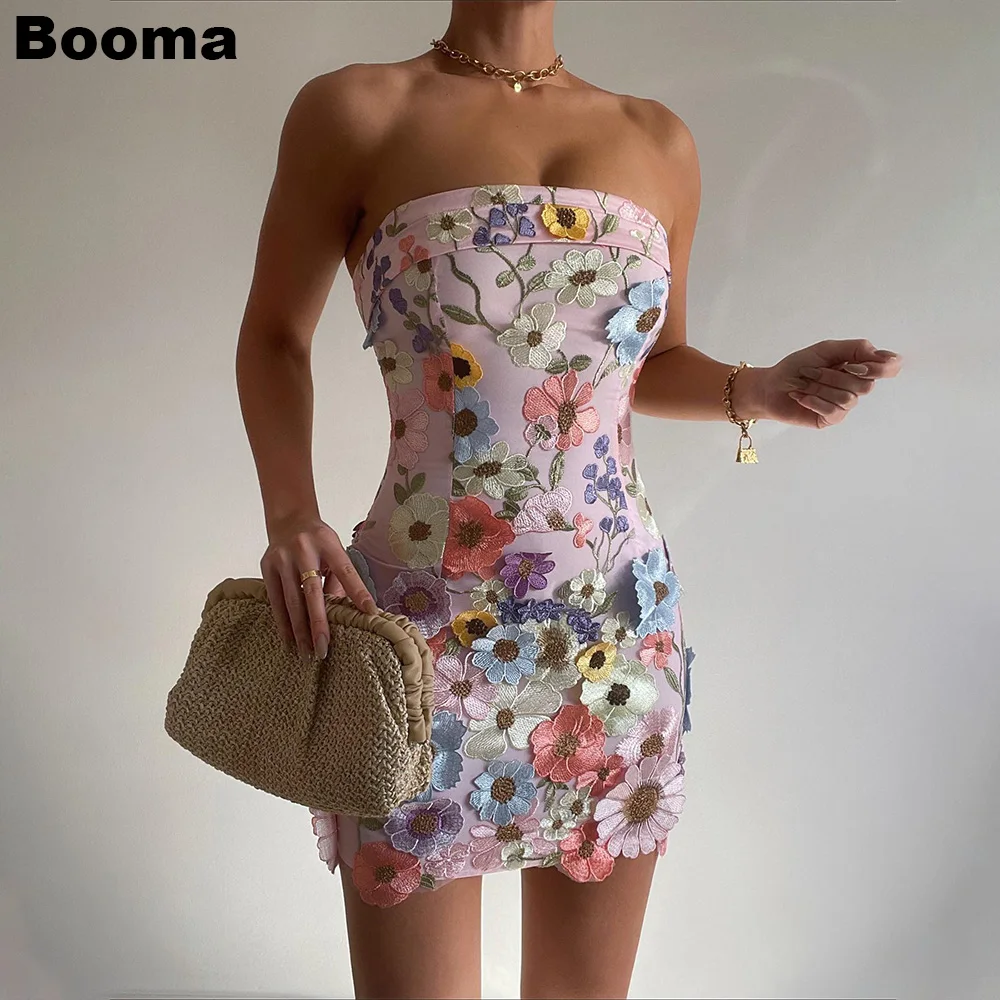 

Booma Floral Short Mermaid Prom Dresses Strapless Embroidery Flowers Cocktail Dresses Party EVening Gowns for Women Club Wear