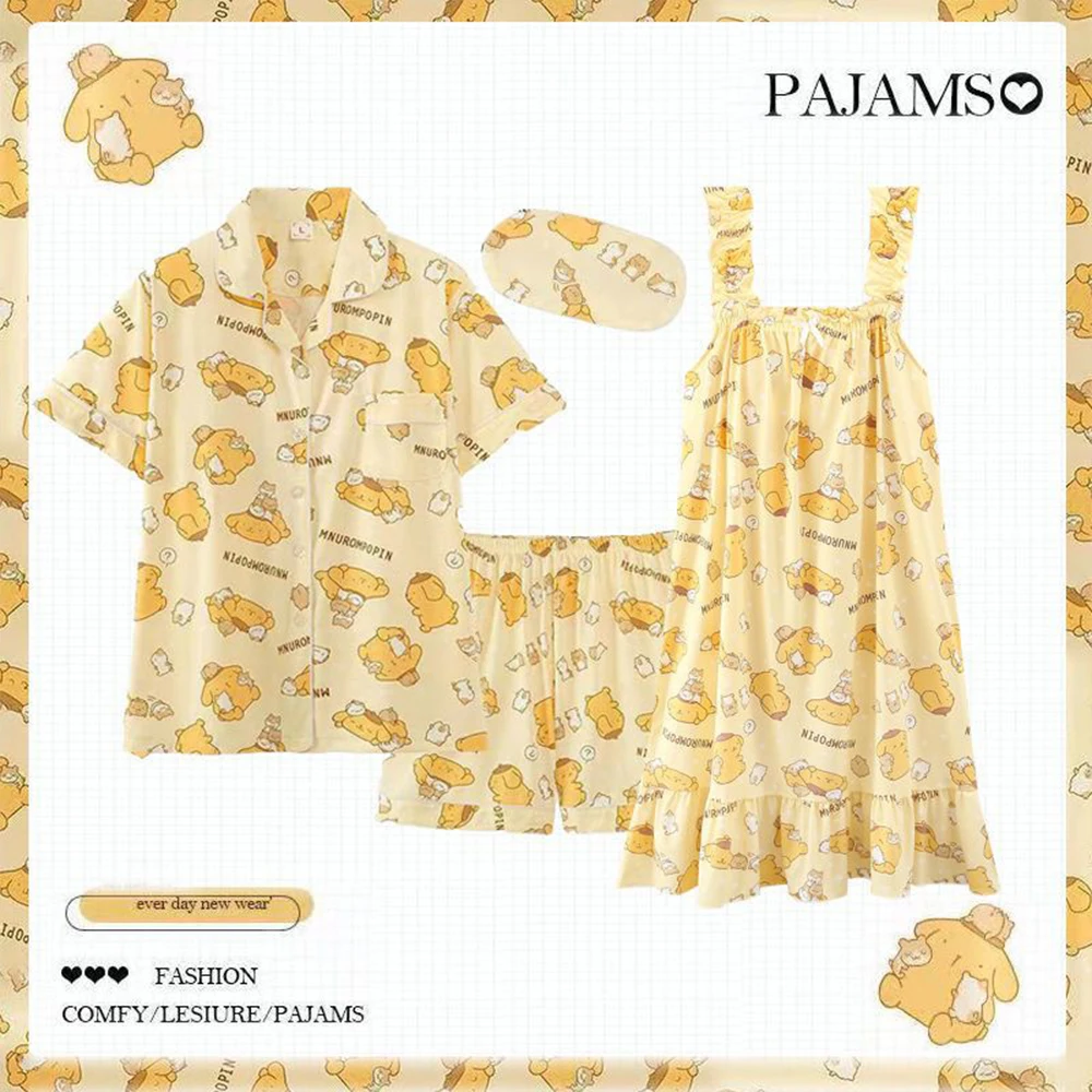 

3Pcs Pompom Purins Cartoon Women's Short Sleeved Pajamas Set, Soft Breathable Print Nightgown, Cute Y2K Yellow Casual Home Wear