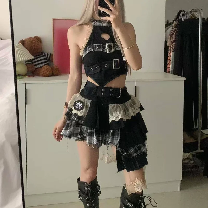 

Woman Japanese Sweet Cool White Punk Style Y2k Tube Top Splicing Lace Irregular Tutu Sexy Two-piece Set for Girls