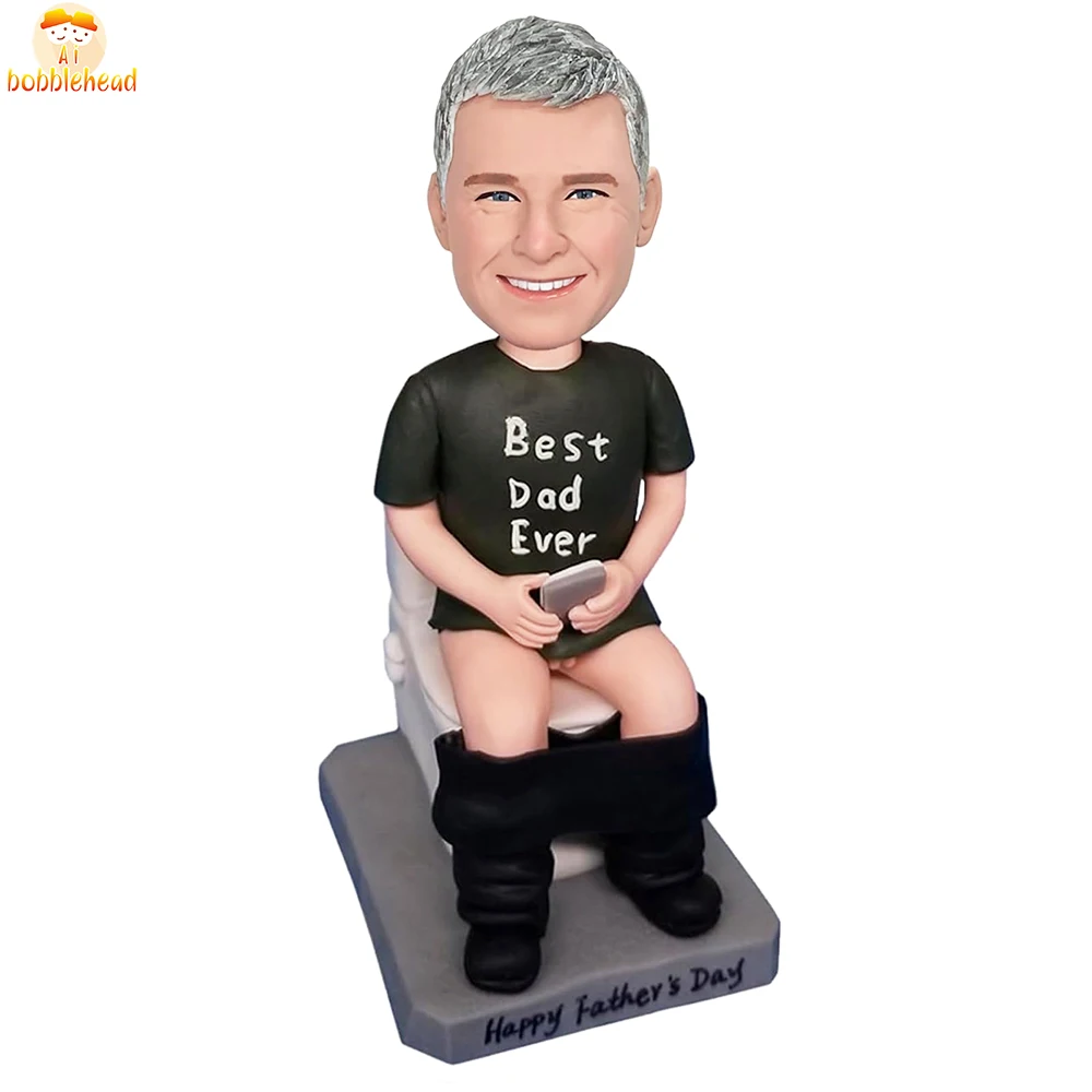 Custom Bobble-Heads Figurine Customized Doll, Black Shirt Man Sitting On Toilet Custom Bobble Head, Custom Bobble Head Figures