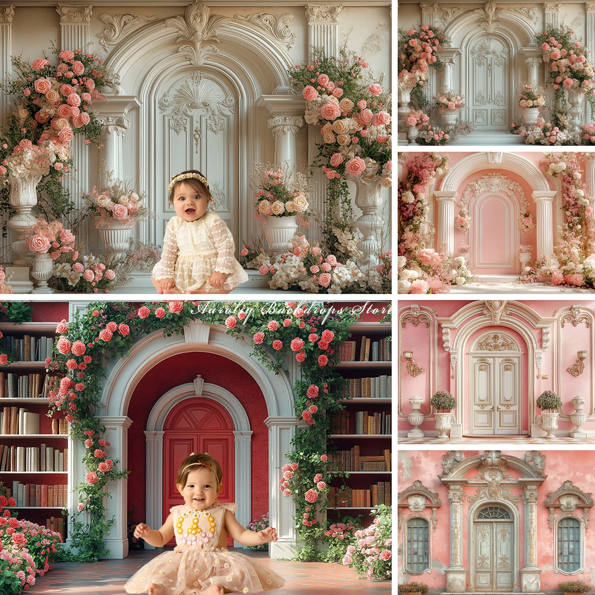 Pink Baroque Backgrounds Adult Family Photography Props Child Baby Decors Flower Column Arch Bookshelv Photo Studio Backdrops