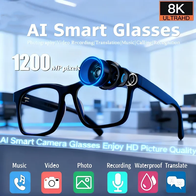 

8K AI Smart Glasses Multifunctional Camera Bluetooth Call Voice Assistant Music Player Translate Photochromic HD Glasses