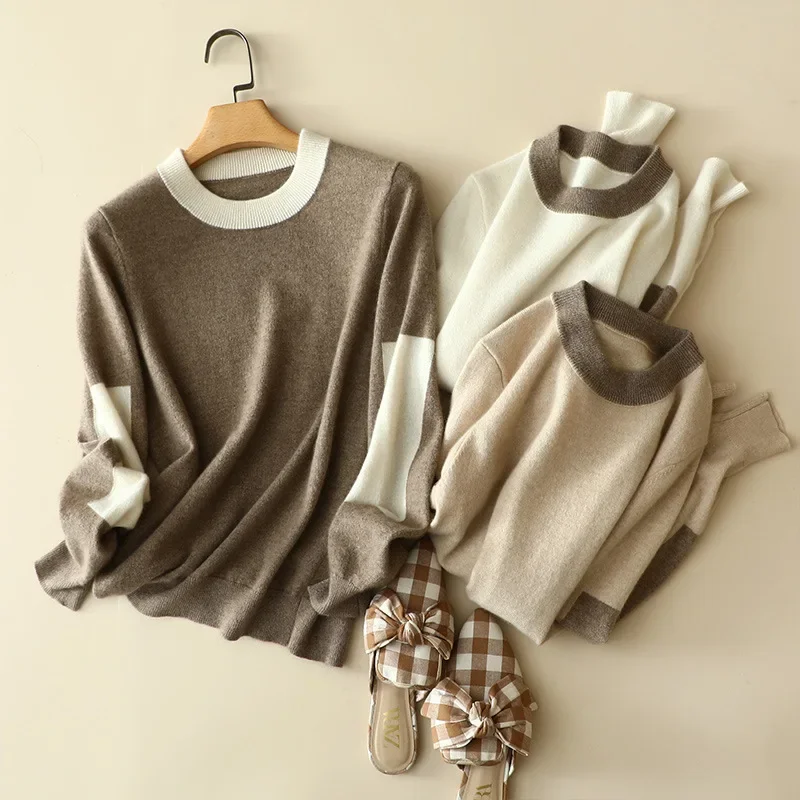 auutmn winter new pactchwork 100% cashmere pullovers crewneck long sleeve women europe fashion knitwear