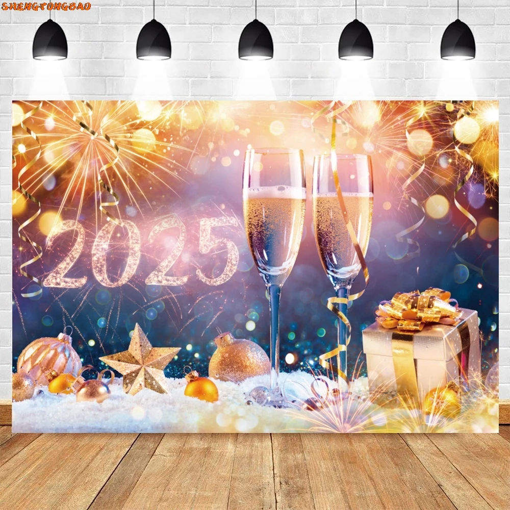 2025 Happy New Year Photography Backdrop Golden Glitter Fireworks Champagne Celebrate Party Family Portrait Photo Background