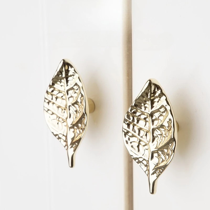 Modern Nordic style Zinc knob cabinet furniture wardrobe door handle drawer golden tree leaf pull handle