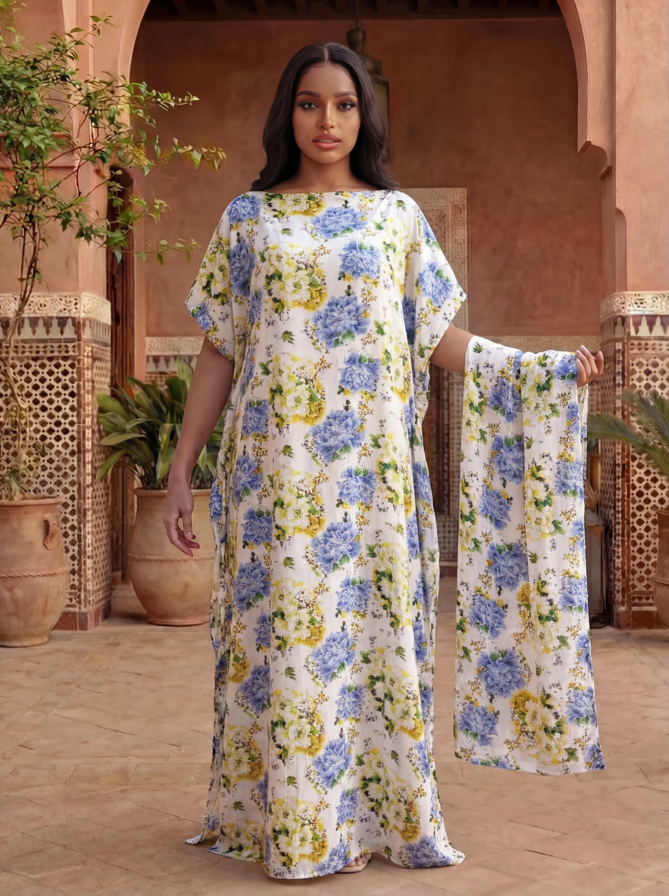 Women's Long Shawl Dubai Fashion Print Design Silk Soft Summer Beach Party Dress Accessory Loose Fit African Abaya MOOMOO view 6