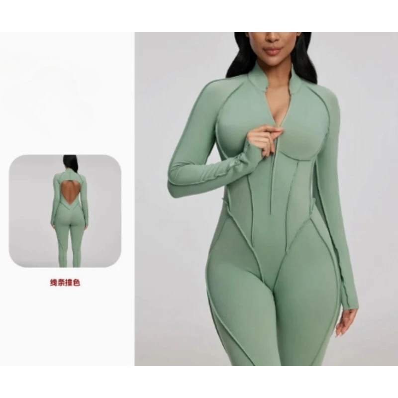 

Бесшовные комбинезоны для йоги, спортивные фитнес-персиковые бедра, полуоткрытая молния, плотные цельные спортивные костюмы с открытой спиной для тренировок в тренажерном зале для женщин