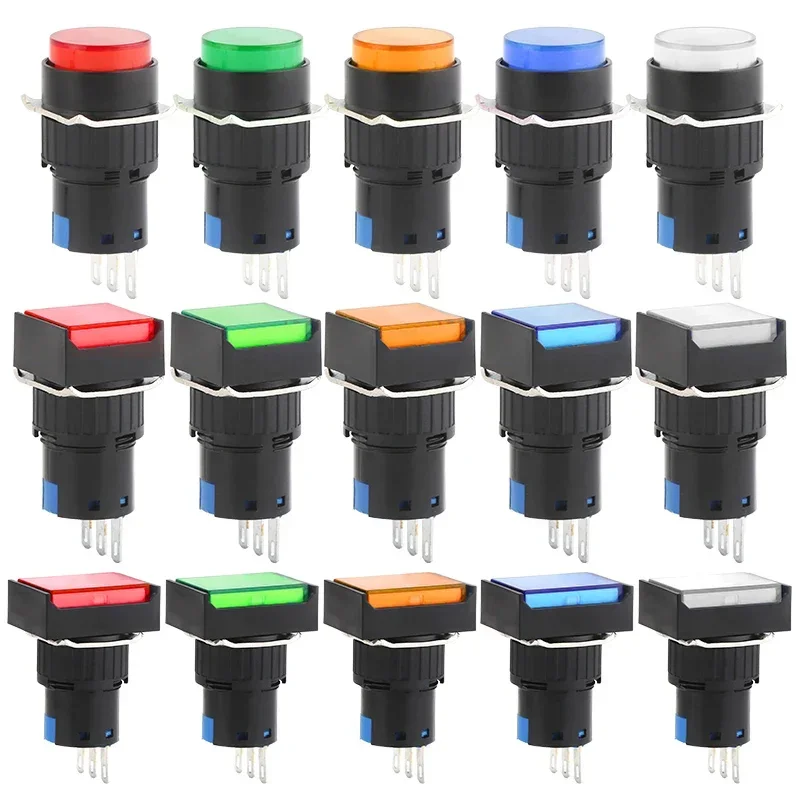 1PCS Push Button Switch 16mm With light LA16-11S Circular Square Rectangle Self-reset Self-locking Power Supply 12v 24v 220v 5A