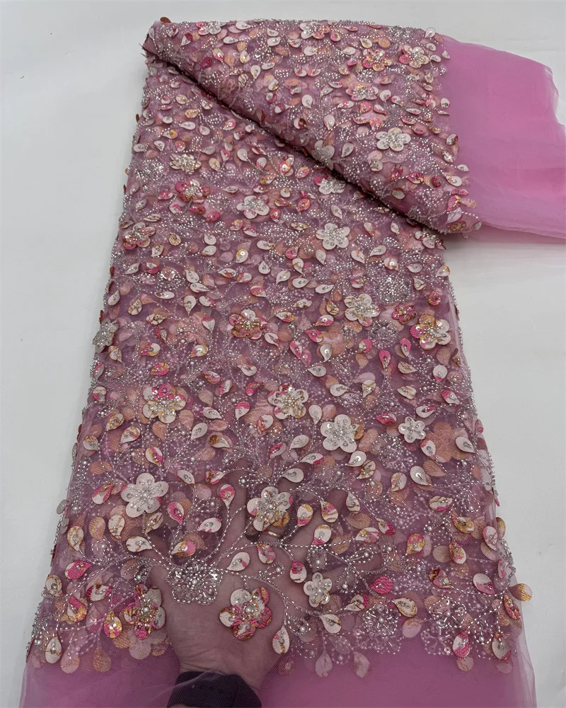 

Handmade French Tulle Lace Fabric 2025 High Quality 3D Embroidery African Beads Lace Fabric for Women Dresses