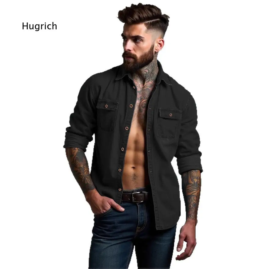 Men's Long Sleeve Denim Shirt Casual Button Down Top With Dual Chest Pockets Loose Fit Blouse For Daily Streetwear