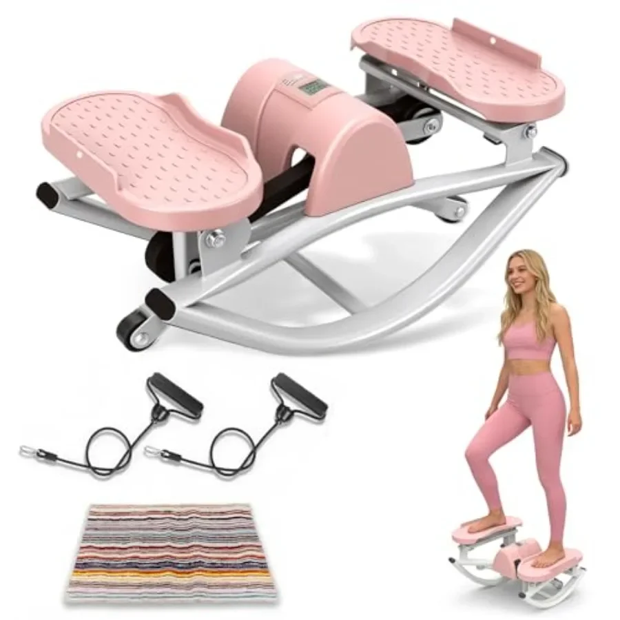

Home workout stepper with steel frame, black finish, 3D dynamic side-to-side motion, low-impact knee-friendly design, includes
