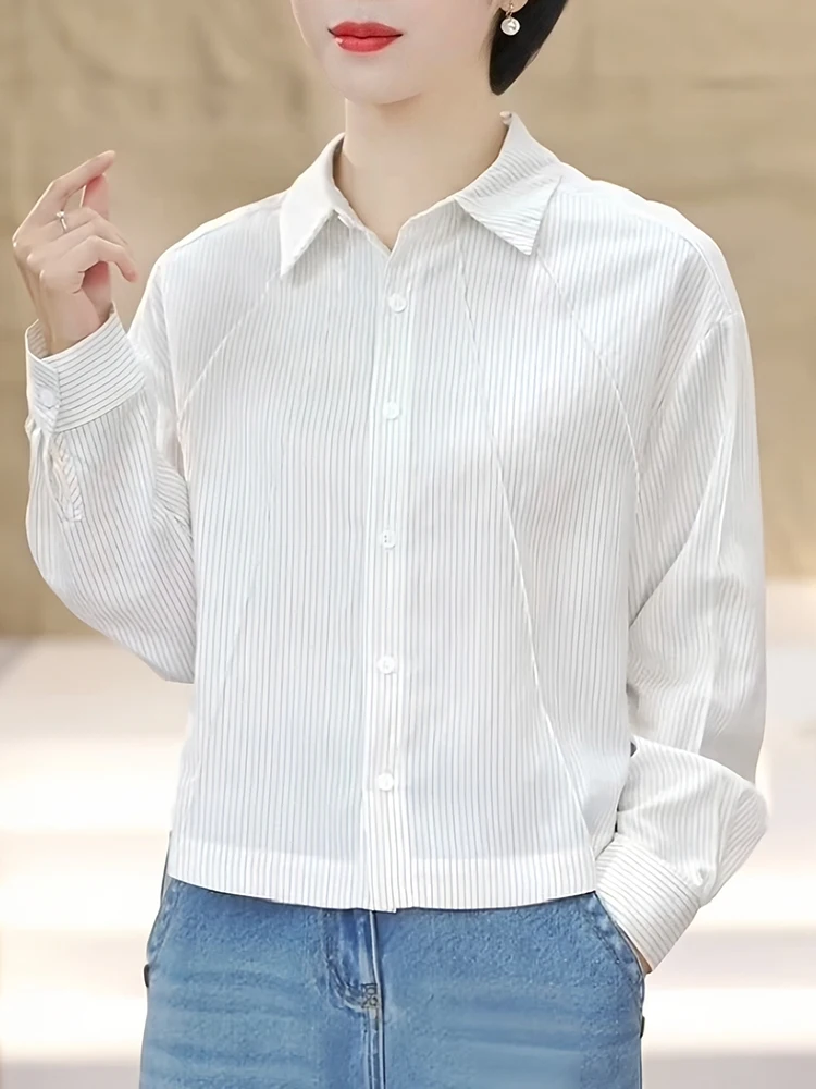 Casual Stripe Shirt  T-Shirt Women's White Shirt Simple Elegant Spring New Style Loose Fit Long Sleeve Classic Pattern