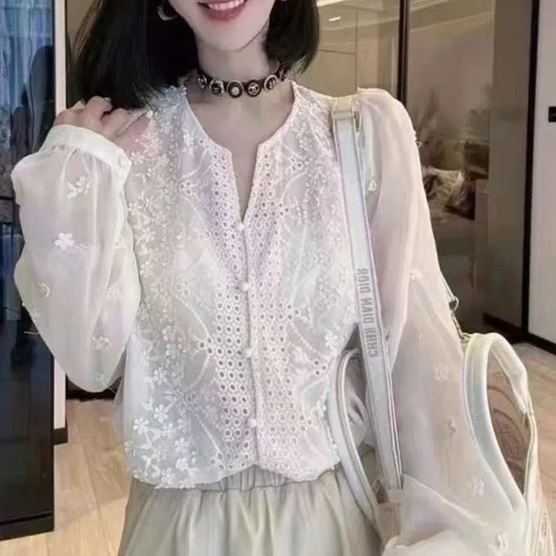 French Retro Design Niche V-neck Hollowed Out Embroidered Lace Shirt Early Spring Fashion and Western-style Blouses Shirts