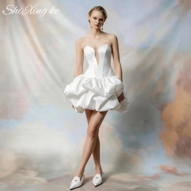 Voluminous Ruffle Bubble Short Wedding Dress Strapless Satin Corset Back Bridal Gown Vestidos De Novia Customized