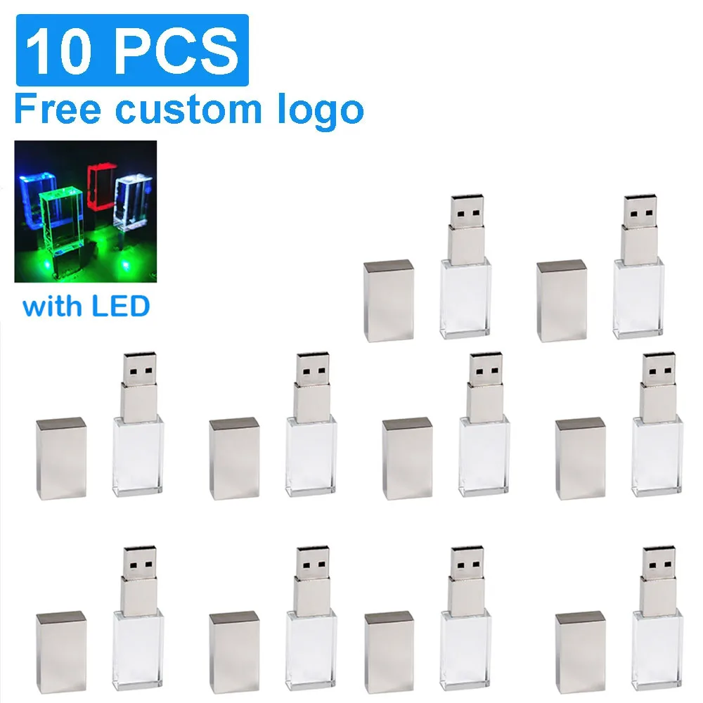 

10PCS/LOT Silvery Crystal USB Flash Drive 128GB Free Custom Logo Memory Stick 64GB with LED Light Pen Drive 32GB Creative Gift