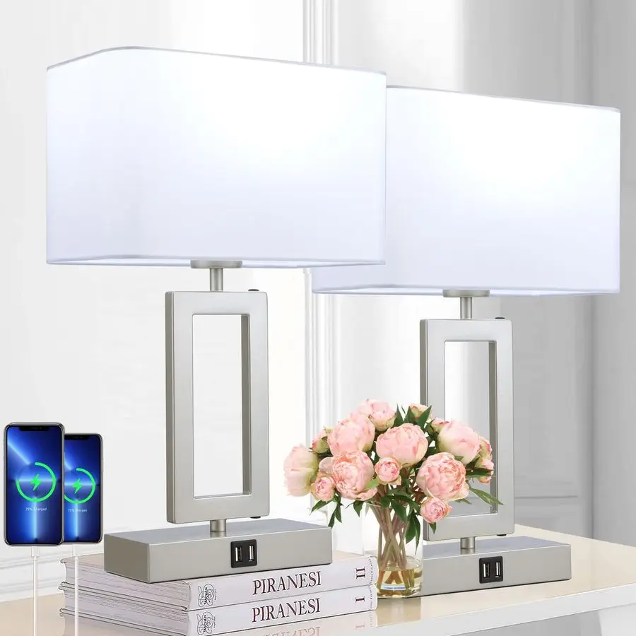 

Lamp Set of 2 Lamps for Bedroom, Touch Control Table Lamps with 2 USB Ports, 3Way Dimmable Bedside Nightstand Lamps, SilverampWh