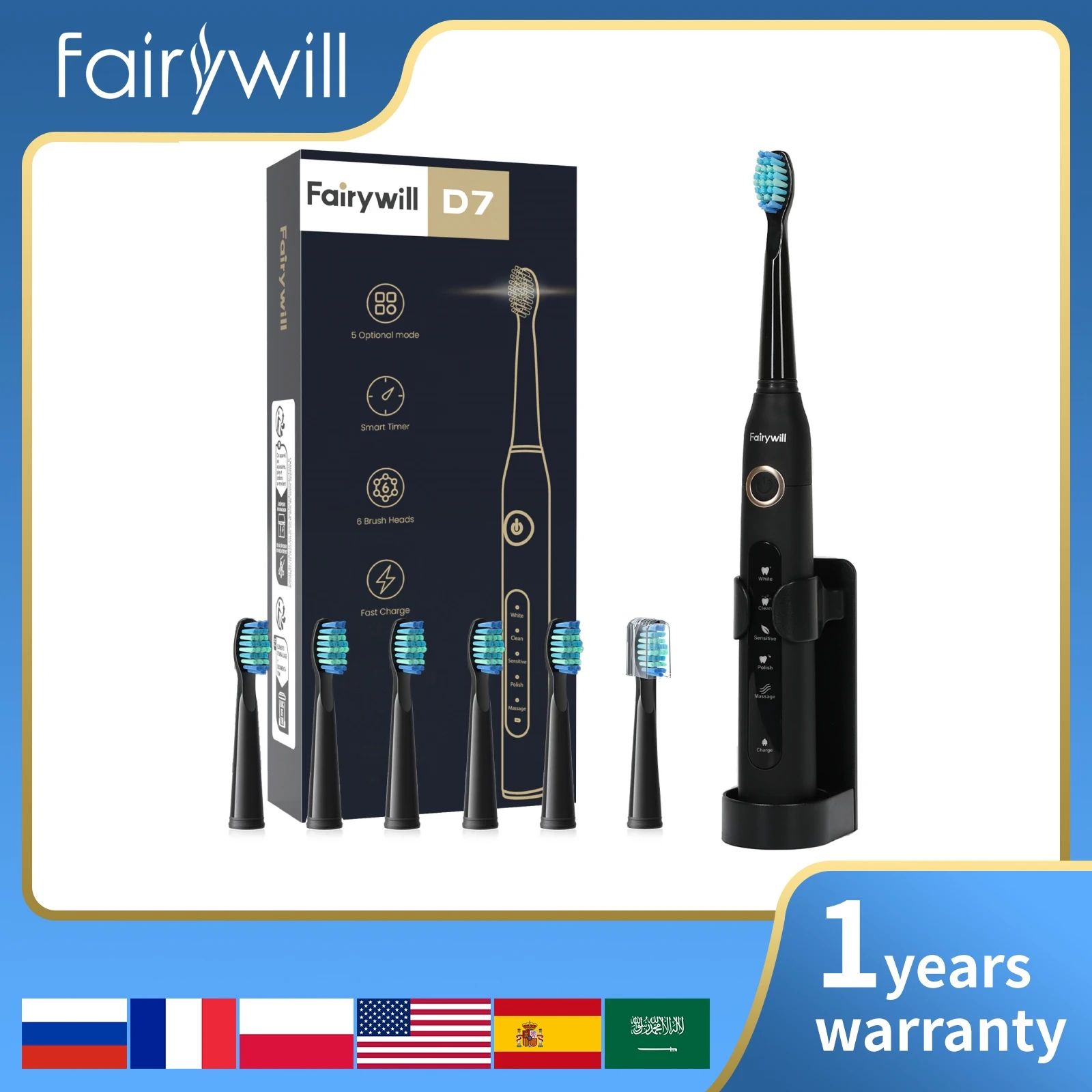 Fairywill Electric Sonic Toothbrush FW-507 USB Charge Rechargeable Adult Waterproof Electronic Tooth Brushes Replacement Heads s