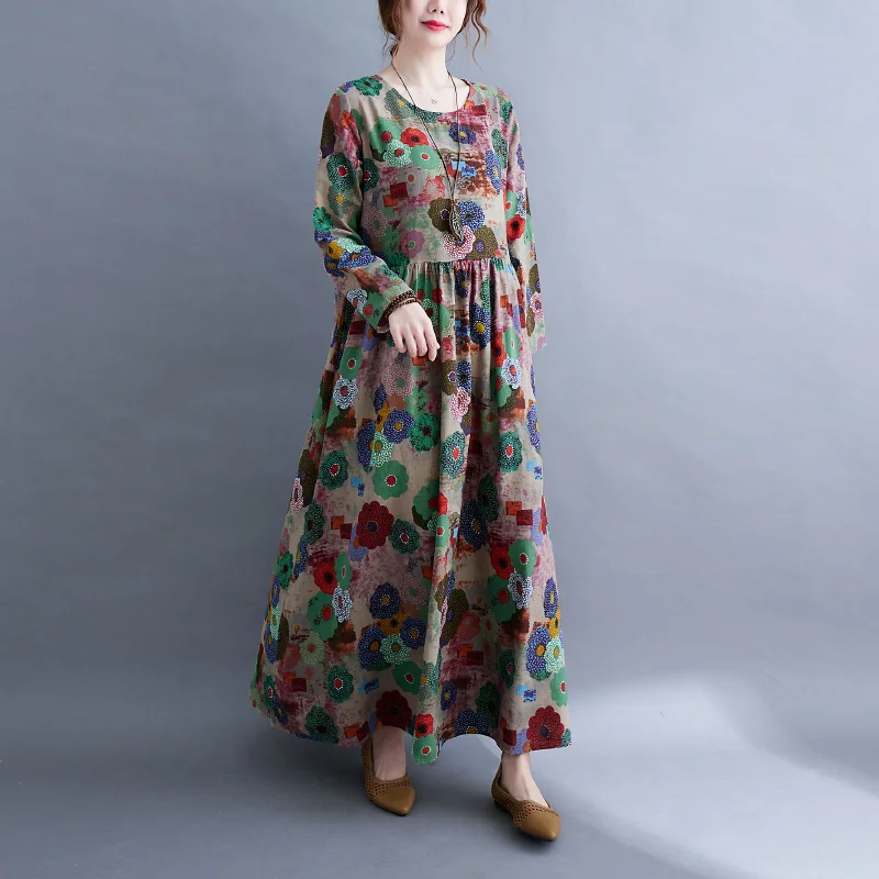 #3302 Full Floral Printed A-line Dress Women Long Sleeve O-neck Loose Vintage High Waisted Long Dresses Female Ankle-length