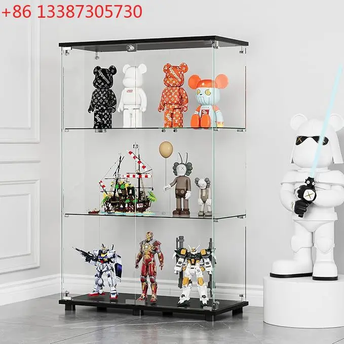 Showcase with 3-layer double door and lock, cabinet 5mm tempered plate floor-to-ceiling bookshelf
