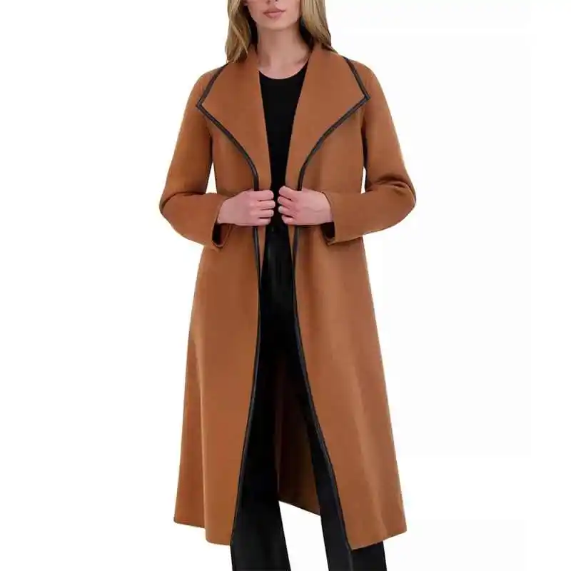 Winter Warm Wool Blend Women's Overcoat with Faux Leather Trim Outdoors Windproof Commute Special Occasion Coat Customized