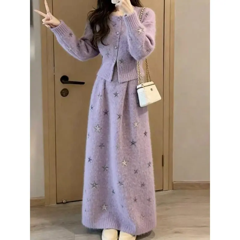 Spring Autumn Plush Knitted 2-piece Warm Lazy Style Star-printed Cardigan with High-waisted Skirt Daily Versatile Casual Wear