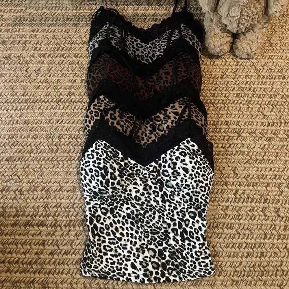 with Breast Pads Lace Leopard Print Camisole Splicing Lace Leopard Crop Tops Slim Fit Sleeveless Tanks Suspender Vest Travel