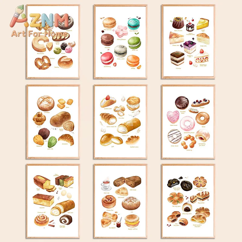 Breakfast Food Posters and  Prints Cake Bread Puff Tea Dessert Wall Art HD Pictures Canvas Painting for Coffee Shop Bakery De