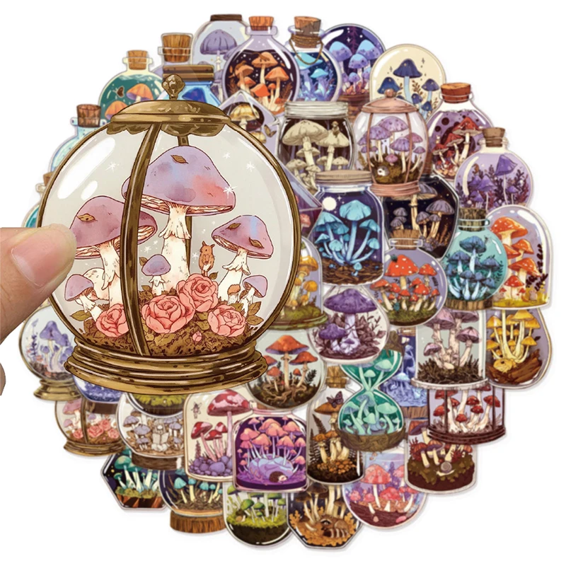50PCS Cartoon Mushroom Stickers Aesthetic Waterproof Vinyl Decals for Water Bottles Colorful Clear PET Decor Gifts